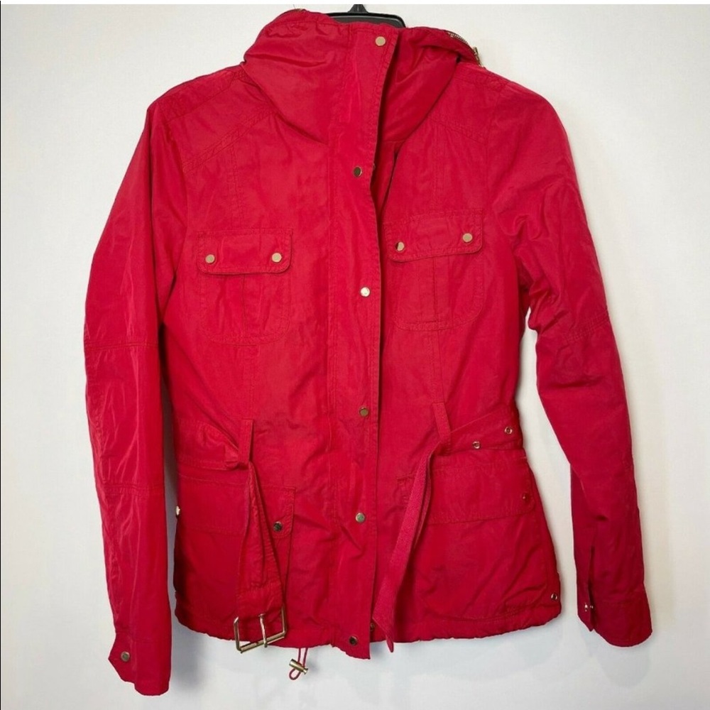Zara Woman Full Zip Belted Rain Parka Jacket Red Sz M Packable Hood Long Sleeve